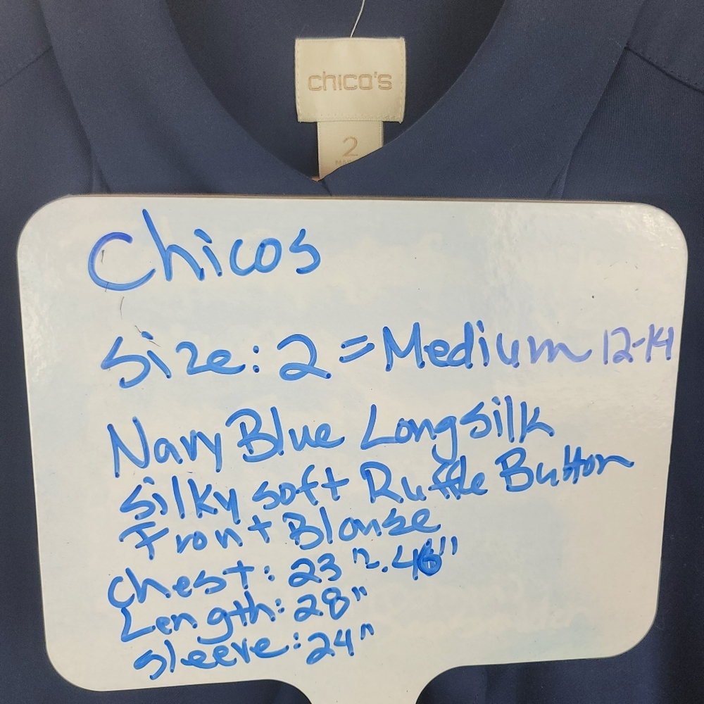 Chicos Colbalt Blue Ruffle Front Silky Blouse Size 2 Medium 12-14 - Picture 14 of 14